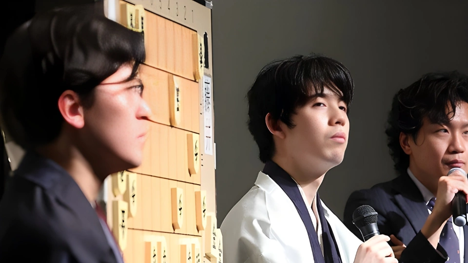 Мужчина с чёрными волосами, в белом халате, стоит с микрофоном у доски сёги