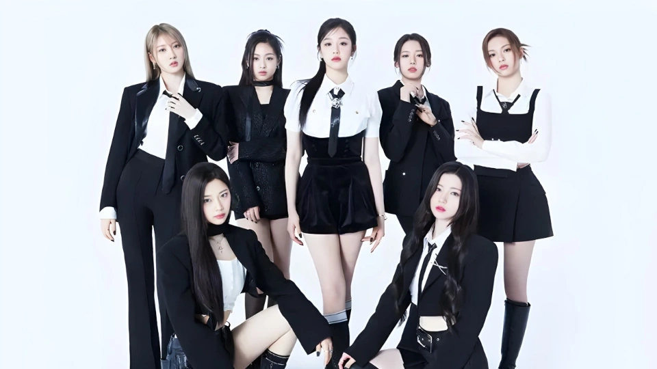 Семь девушек в чёрно-белых костюмах смотрят вперёд