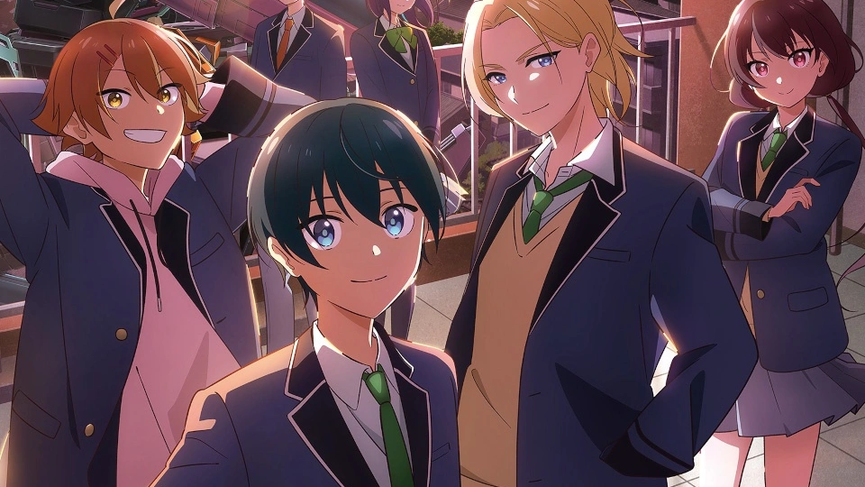 Юноша с чёрными волосами и голубыми глазами, в школьной форме, в пиджаке и белой рубашке, довольно стоит в окружении разных школьников и школьниц