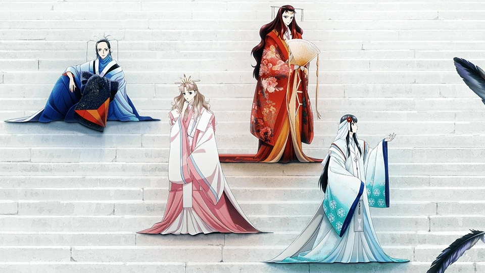 Четыре персонажа в длинных платьях сидят и стоят на ступеньках лестницы