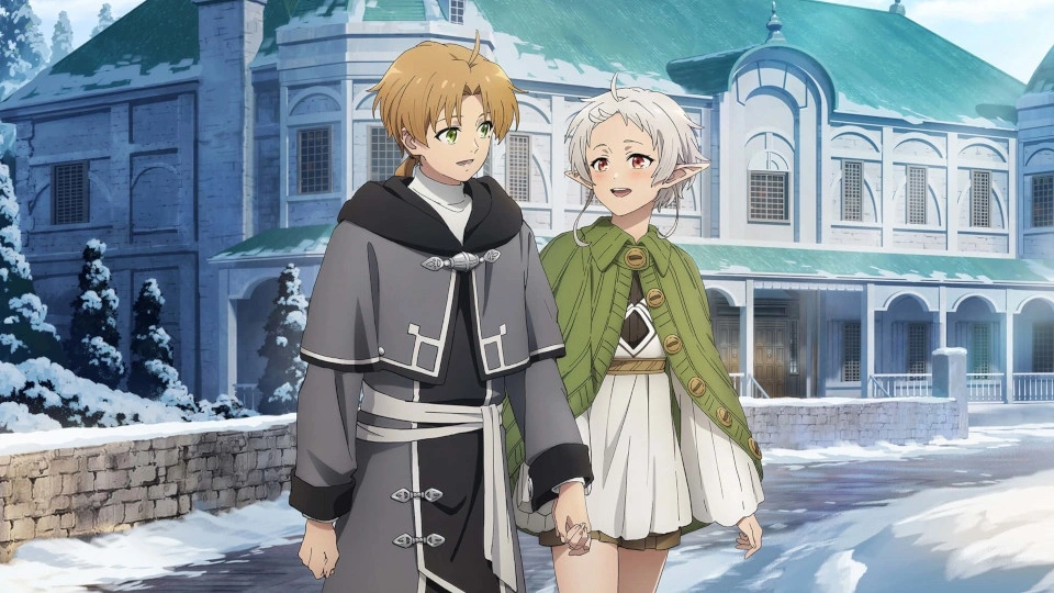 Юноша со светлыми волосами и голубыми глазами, в сером плаще, идёт по улице с девушкой с белыми волосами, в коротком платье, вокруг снег