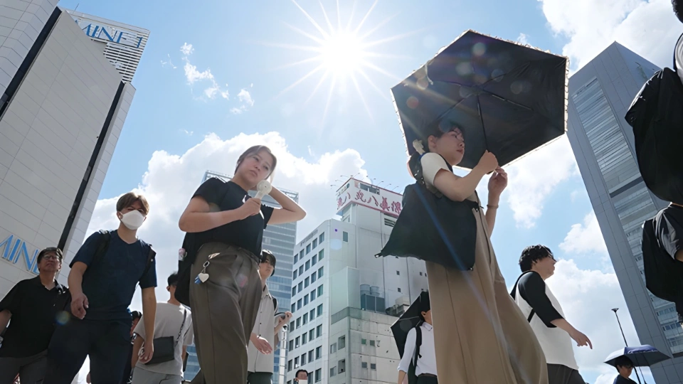 Женщина с чёрным зонтом переходит пешеходный переход, за ней следует группа мужчин