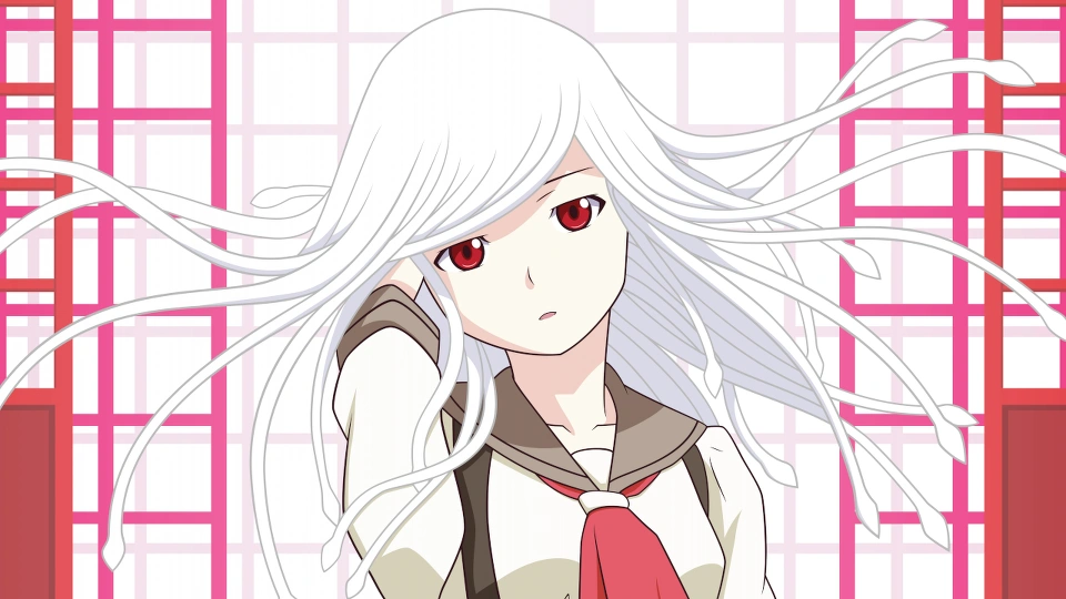 Девушка с длинными белыми волосами, заплетёнными в косички, и красными глазами, в школьной форме, нежно смотрит вперёд, поправляя волосы